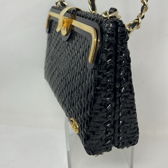 Greta Italy Vintage Black Lacquered Woven Structured Wicker Clutch Shoulder Bag - Picture 7 of 13